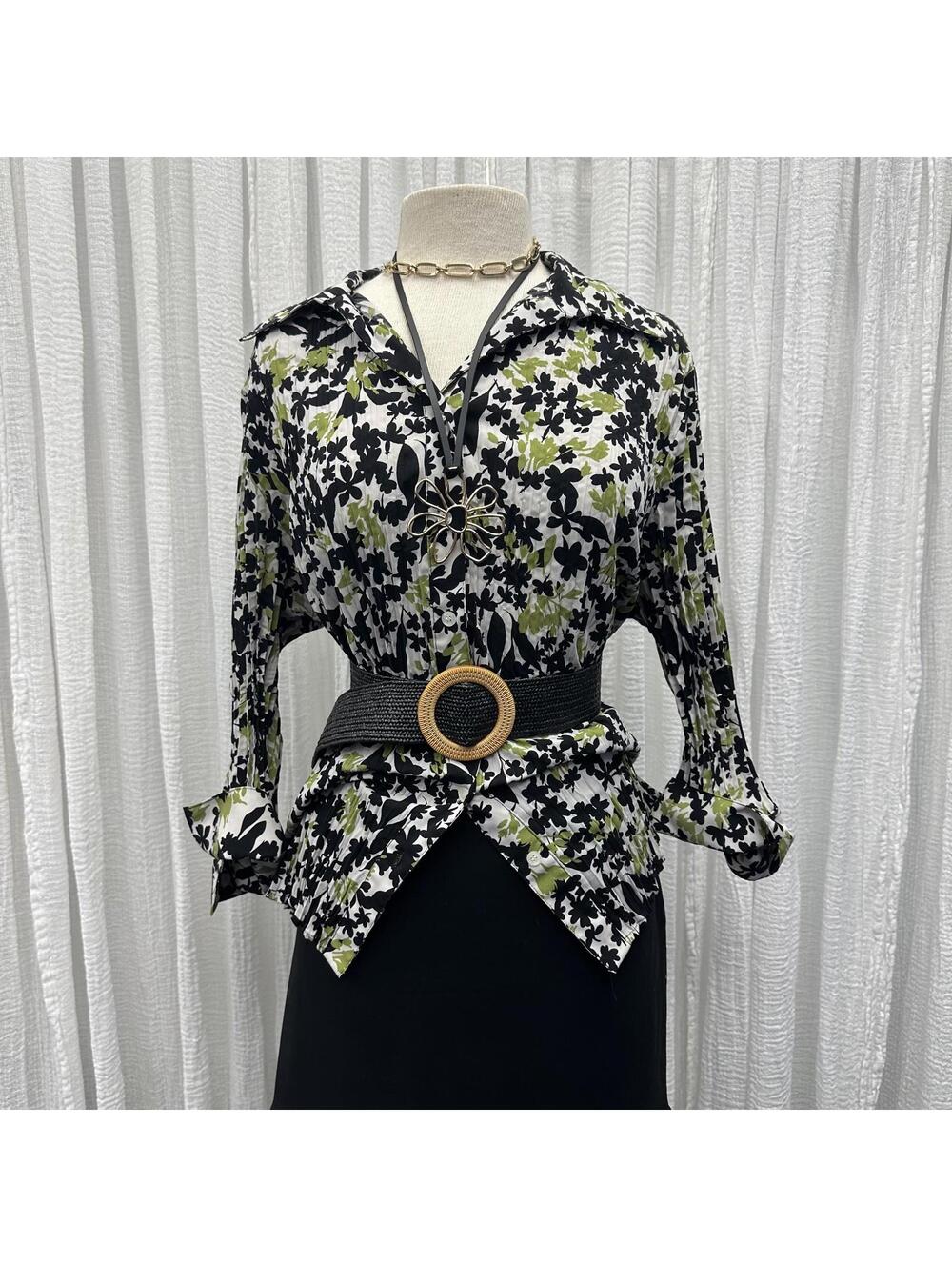 Bohemian Whimsygoth Black & Green Floral Blouse (1X)
